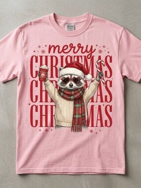 Gildan Pink 'Merry Christmas' Raccoon Graphic Tee, holiday Christmas gift